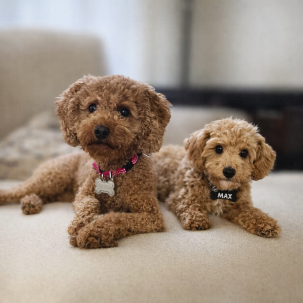 Cream mini goldendoodle puppy in a cozy home